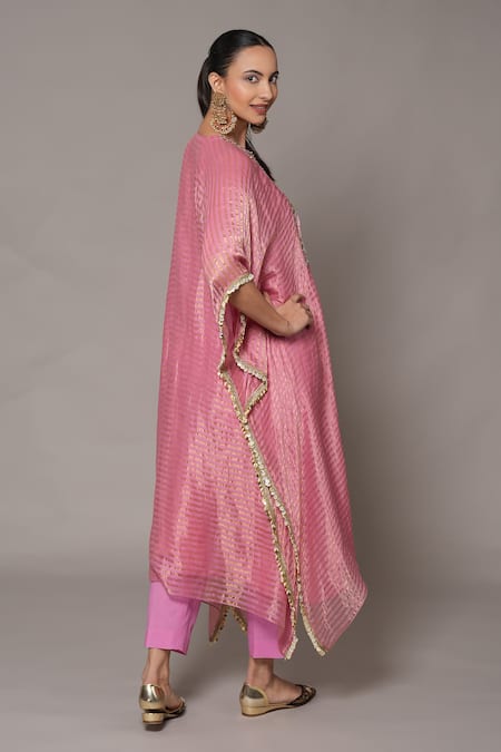 Buy_Joy Mitra_Pink Chanderi, Tissue, Cotton Embroidery Round Neck Deep Blush Hand Kaftan Set _Online_at_Aza_Fashions