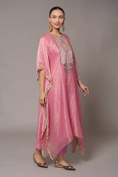 Shop_Joy Mitra_Pink Chanderi, Tissue, Cotton Embroidery Round Neck Deep Blush Hand Kaftan Set _Online_at_Aza_Fashions