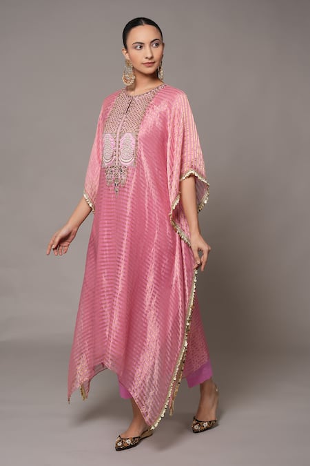 Joy Mitra_Pink Chanderi, Tissue, Cotton Embroidery Round Neck Deep Blush Hand Kaftan Set _at_Aza_Fashions
