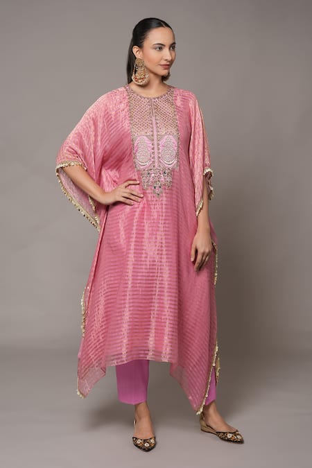 Buy_Joy Mitra_Pink Chanderi, Tissue, Cotton Embroidery Round Neck Deep Blush Hand Kaftan Set 