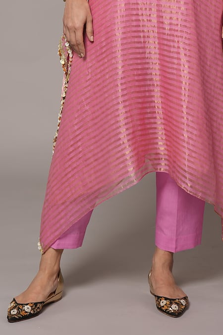 Shop Joy Mitra Pink Chanderi, Tissue, Cotton Embroidery Round Neck Deep Blush Hand Kaftan Set Shop_Joy Mitra_Pink Chanderi, Tissue, Cotton Embroidery Round Neck Deep Blush Hand Kaftan Set