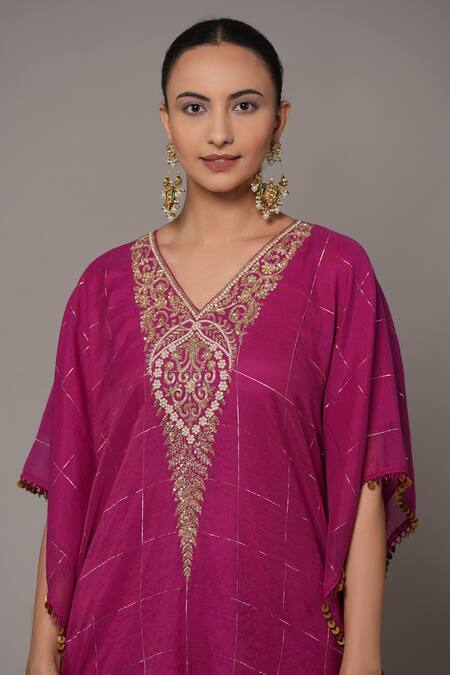 Buy_Joy Mitra_Purple Chanderi, Tissue Embroidery V-neck Hibiscus Kaftan Set With Pants _Online_at_Aza_Fashions