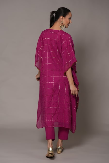 Joy Mitra_Purple Chanderi, Tissue Embroidery V-neck Hibiscus Kaftan Set With Pants _Online_at_Aza_Fashions