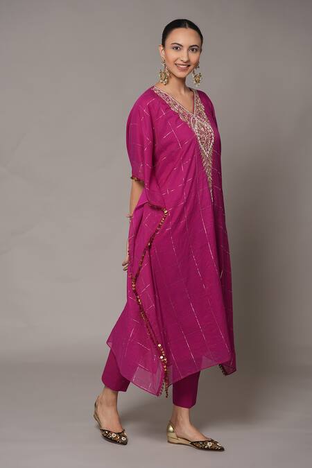 Shop_Joy Mitra_Purple Chanderi, Tissue Embroidery V-neck Hibiscus Kaftan Set With Pants _Online_at_Aza_Fashions
