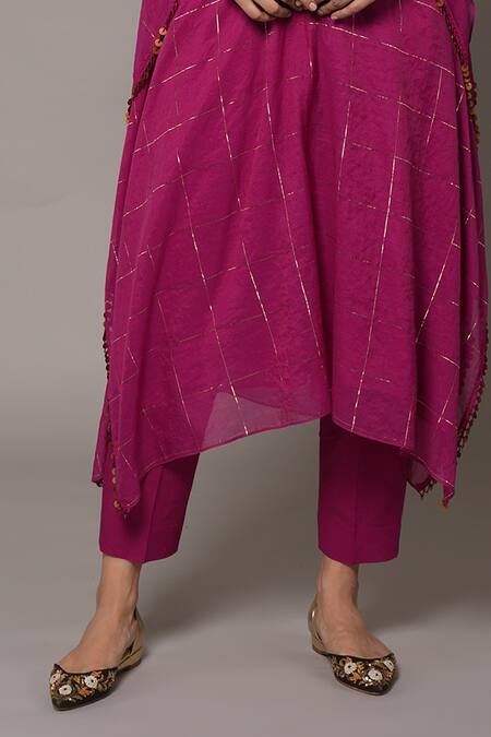 Joy Mitra Purple Chanderi, Tissue Embroidery V-neck Hibiscus Kaftan Set With Pants at Aza Fashions Joy Mitra_Purple Chanderi, Tissue Embroidery V-neck Hibiscus Kaftan Set With Pants _at_Aza_Fashions