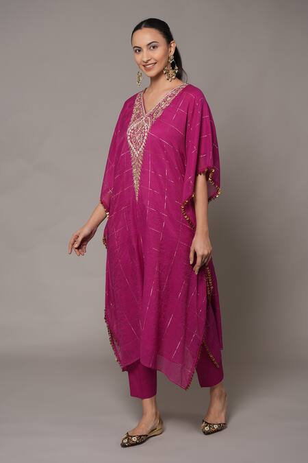 Buy_Joy Mitra_Purple Chanderi, Tissue Embroidery V-neck Hibiscus Kaftan Set With Pants 
