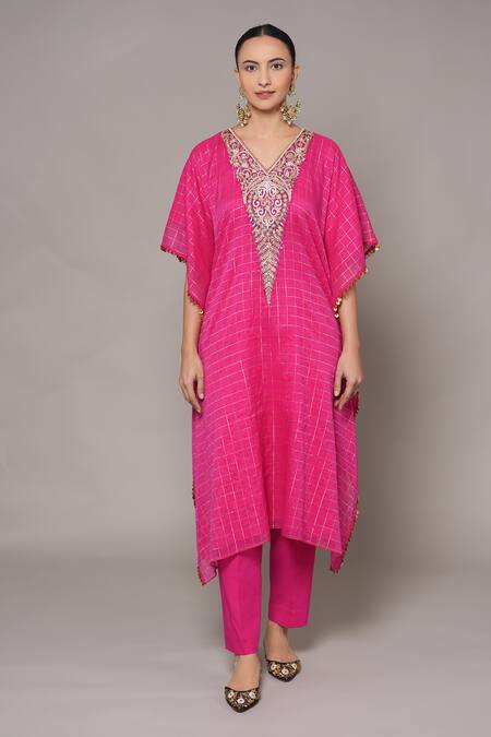 Shop_Joy Mitra_Pink Chanderi, Tissue Embroidery V-neck Lemonade Hand Kaftan Set _Online_at_Aza_Fashions