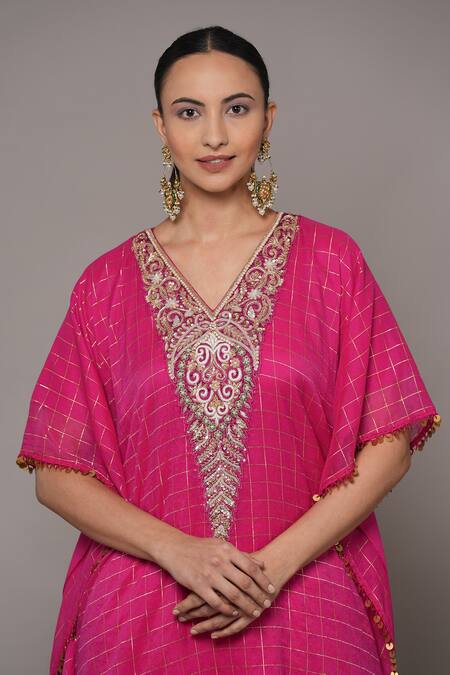 Joy Mitra_Pink Chanderi, Tissue Embroidery V-neck Lemonade Hand Kaftan Set _at_Aza_Fashions