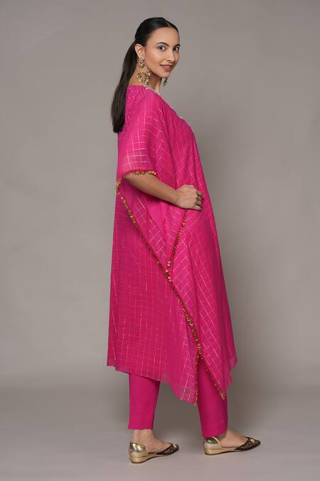 Buy_Joy Mitra_Pink Chanderi, Tissue Embroidery V-neck Lemonade Hand Kaftan Set 