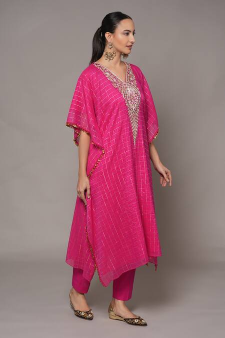 Shop_Joy Mitra_Pink Chanderi, Tissue Embroidery V-neck Lemonade Hand Kaftan Set 