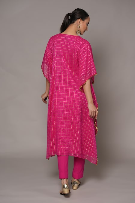 Joy Mitra_Pink Chanderi, Tissue Embroidery V-neck Lemonade Hand Kaftan Set _Online_at_Aza_Fashions