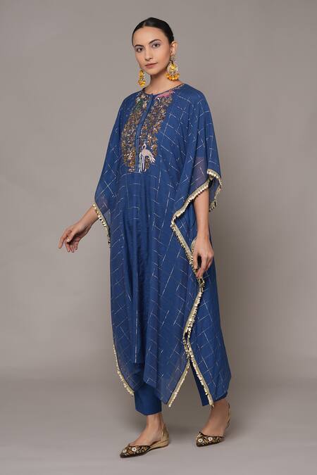 Shop_Joy Mitra_Blue Chanderi, Tissue, Cotton Sequins, Embroidery Collared Hand Kaftan Set _Online_at_Aza_Fashions
