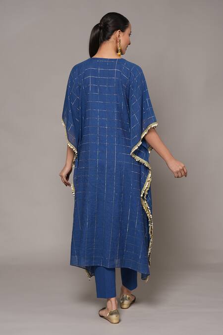 Joy Mitra_Blue Chanderi, Tissue, Cotton Sequins, Embroidery Collared Hand Kaftan Set _Online_at_Aza_Fashions