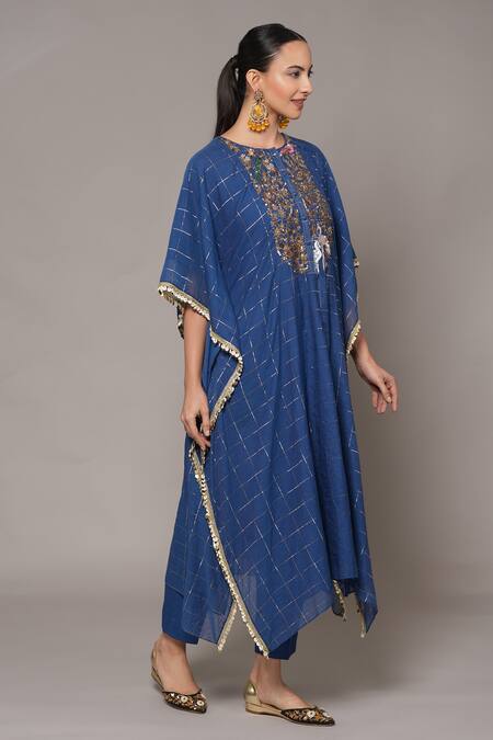 Joy Mitra_Blue Chanderi, Tissue, Cotton Sequins, Embroidery Collared Hand Kaftan Set _at_Aza_Fashions