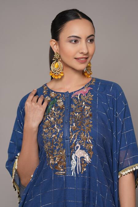 Buy_Joy Mitra_Blue Chanderi, Tissue, Cotton Sequins, Embroidery Collared Hand Kaftan Set 