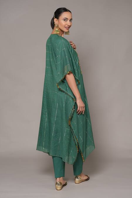 Buy_Joy Mitra_Green Chanderi, Tissue Embroidery Round Neck Mineral Hand Kaftan Set _Online_at_Aza_Fashions