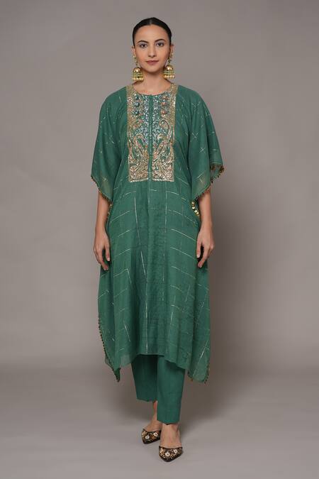 Shop_Joy Mitra_Green Chanderi, Tissue Embroidery Round Neck Mineral Hand Kaftan Set _Online_at_Aza_Fashions