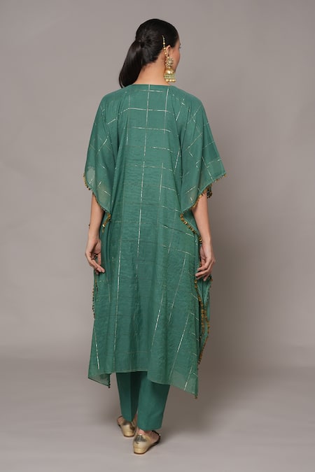 Joy Mitra_Green Chanderi, Tissue Embroidery Round Neck Mineral Hand Kaftan Set _Online_at_Aza_Fashions