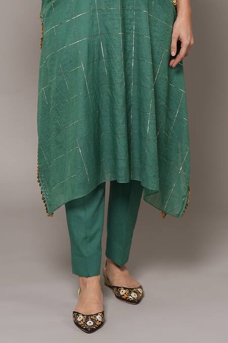 Joy Mitra Green Chanderi, Tissue Embroidery Round Neck Mineral Hand Kaftan Set at Aza Fashions Joy Mitra_Green Chanderi, Tissue Embroidery Round Neck Mineral Hand Kaftan Set _at_Aza_Fashions