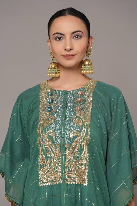 Buy_Joy Mitra_Green Chanderi, Tissue Embroidery Round Neck Mineral Hand Kaftan Set 