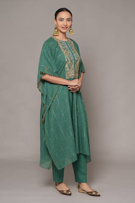 Shop_Joy Mitra_Green Chanderi, Tissue Embroidery Round Neck Mineral Hand Kaftan Set 