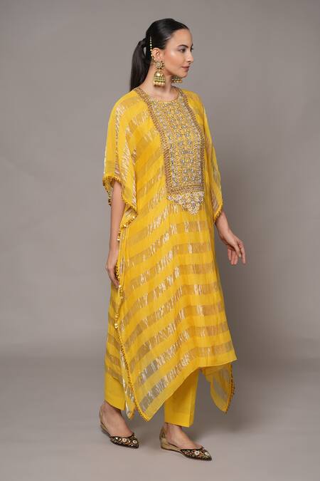 Shop_Joy Mitra_Yellow Chanderi, Tissue Embroidery Round Neck Hand Kaftan Set _Online_at_Aza_Fashions