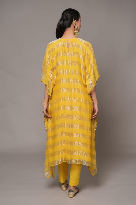 Joy Mitra_Yellow Chanderi, Tissue Embroidery Round Neck Hand Kaftan Set _Online_at_Aza_Fashions