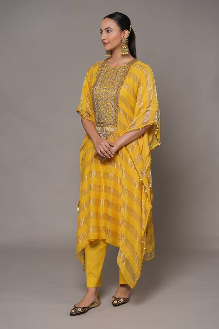 Joy Mitra_Yellow Chanderi, Tissue Embroidery Round Neck Hand Kaftan Set _at_Aza_Fashions