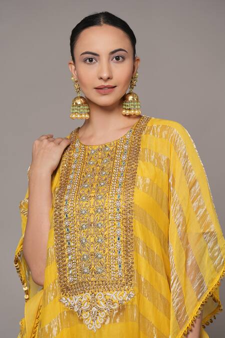 Buy_Joy Mitra_Yellow Chanderi, Tissue Embroidery Round Neck Hand Kaftan Set 