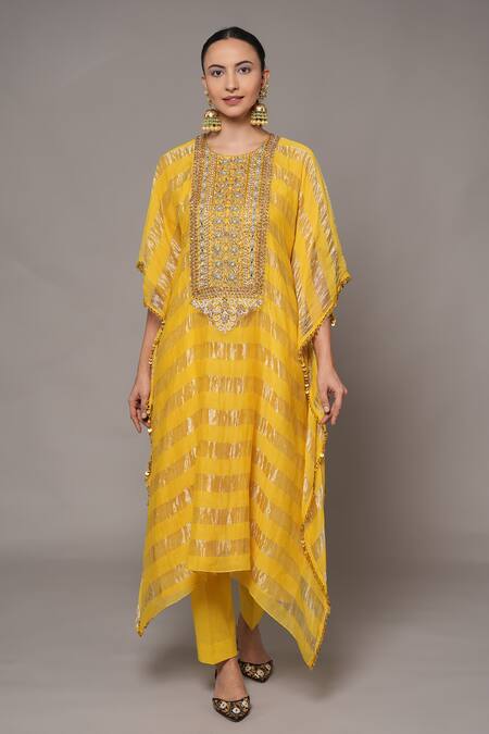 Shop_Joy Mitra_Yellow Chanderi, Tissue Embroidery Round Neck Hand Kaftan Set 