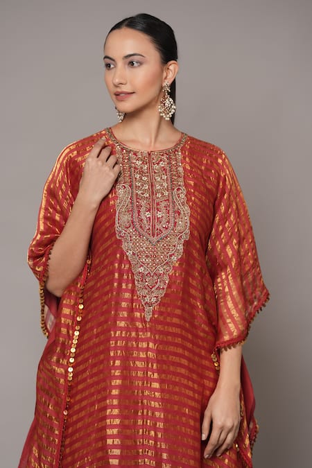 Buy_Joy Mitra_Red Chanderi, Tissue, Cotton Sequins, Embroidery Round Neck Hand Kaftan Set _Online_at_Aza_Fashions