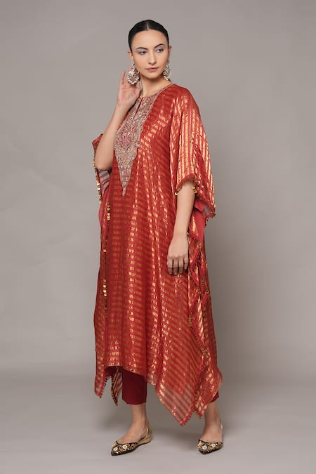 Shop_Joy Mitra_Red Chanderi, Tissue, Cotton Sequins, Embroidery Round Neck Hand Kaftan Set _Online_at_Aza_Fashions
