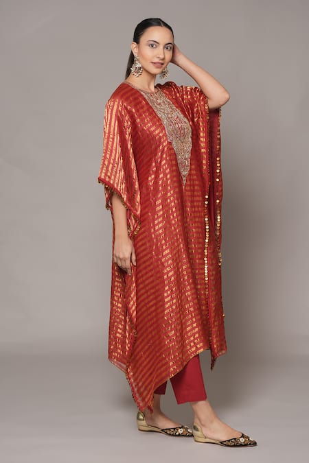 Joy Mitra_Red Chanderi, Tissue, Cotton Sequins, Embroidery Round Neck Hand Kaftan Set _at_Aza_Fashions