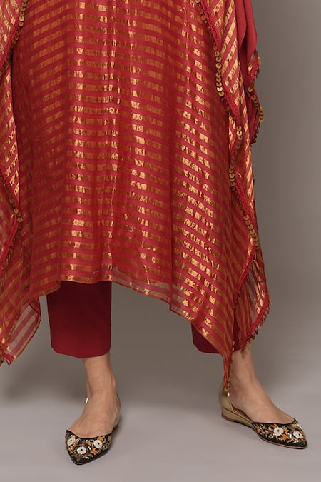 Buy_Joy Mitra_Red Chanderi, Tissue, Cotton Sequins, Embroidery Round Neck Hand Kaftan Set 