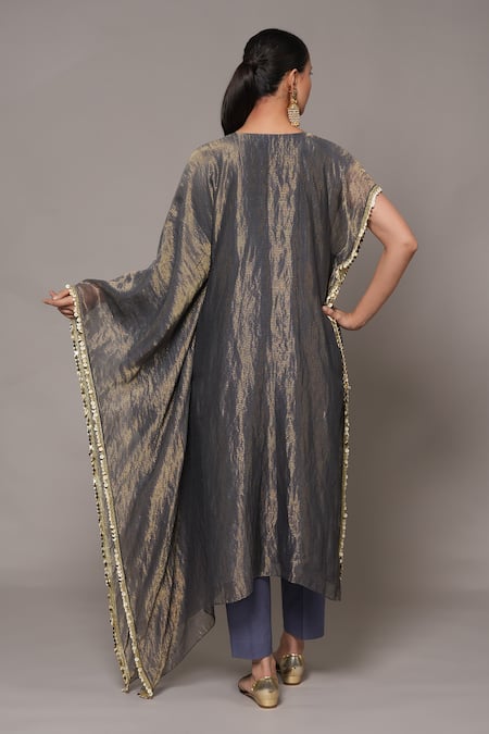 Joy Mitra_Multi Color Chanderi, Tissue Beads Mulled Wine Hand Embroidered Kaftan Set _Online_at_Aza_Fashions