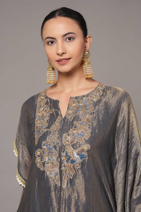 Shop_Joy Mitra_Multi Color Chanderi, Tissue Beads Mulled Wine Hand Embroidered Kaftan Set _Online_at_Aza_Fashions