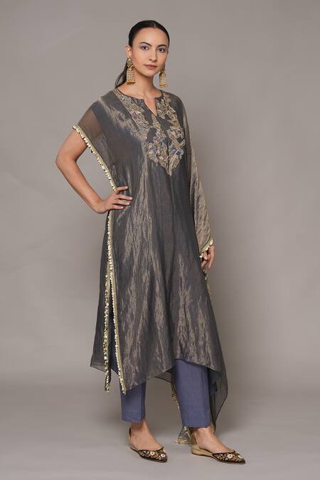 Joy Mitra_Multi Color Chanderi, Tissue Beads Mulled Wine Hand Embroidered Kaftan Set _at_Aza_Fashions