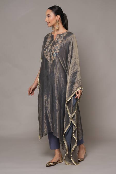 Buy_Joy Mitra_Multi Color Chanderi, Tissue Beads Mulled Wine Hand Embroidered Kaftan Set 