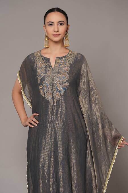 Shop_Joy Mitra_Multi Color Chanderi, Tissue Beads Mulled Wine Hand Embroidered Kaftan Set 