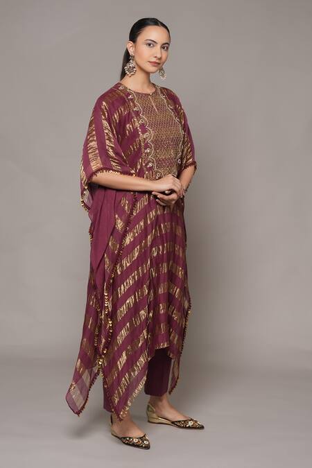 Buy_Joy Mitra_Wine Chanderi, Tissue, Cotton Embroidery Round Neck Berry Hand Kaftan Set _Online_at_Aza_Fashions