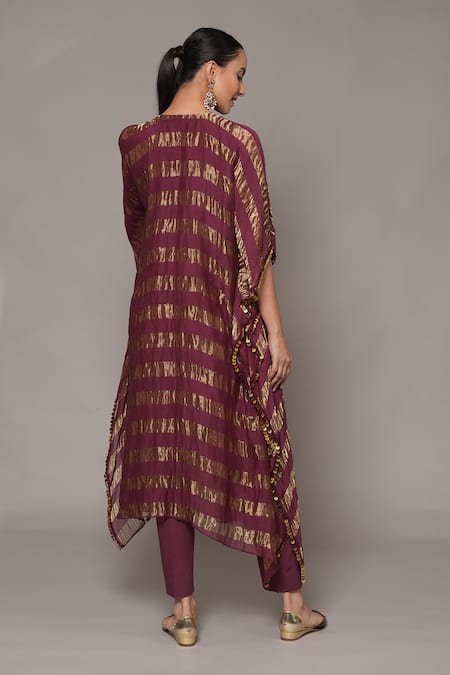 Joy Mitra_Wine Chanderi, Tissue, Cotton Embroidery Round Neck Berry Hand Kaftan Set _Online_at_Aza_Fashions