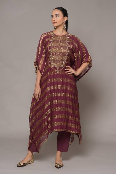 Buy_Joy Mitra_Wine Chanderi, Tissue, Cotton Embroidery Round Neck Berry Hand Kaftan Set 
