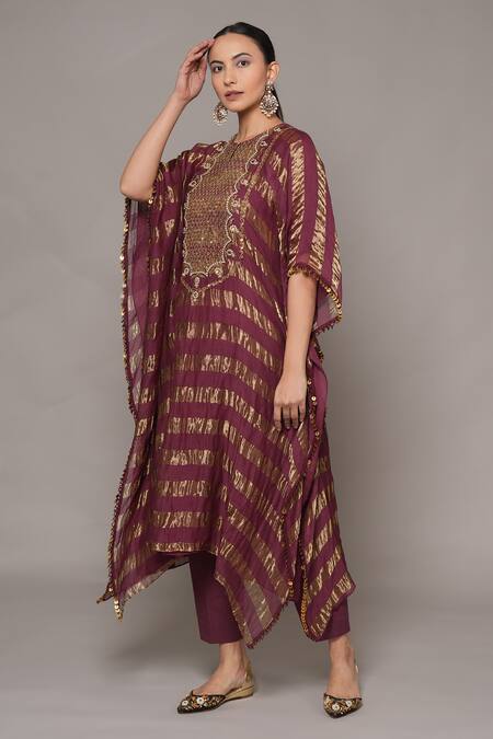 Shop_Joy Mitra_Wine Chanderi, Tissue, Cotton Embroidery Round Neck Berry Hand Kaftan Set 
