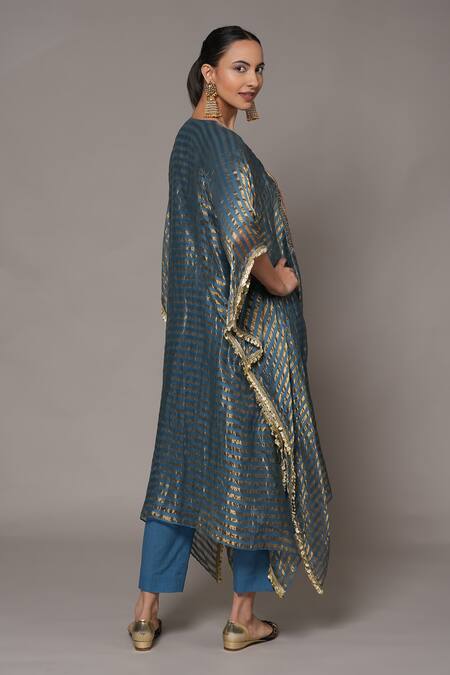 Buy_Joy Mitra_Blue Chanderi, Tissue, Cotton Embroidery V-neck Hand Bayoux Kaftan Set _Online_at_Aza_Fashions