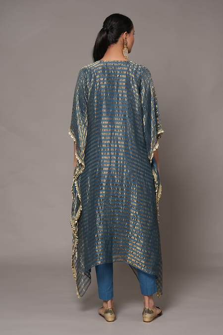 Joy Mitra_Blue Chanderi, Tissue, Cotton Embroidery V-neck Hand Bayoux Kaftan Set _Online_at_Aza_Fashions