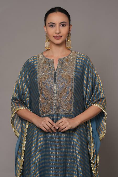Joy Mitra_Blue Chanderi, Tissue, Cotton Embroidery V-neck Hand Bayoux Kaftan Set _at_Aza_Fashions