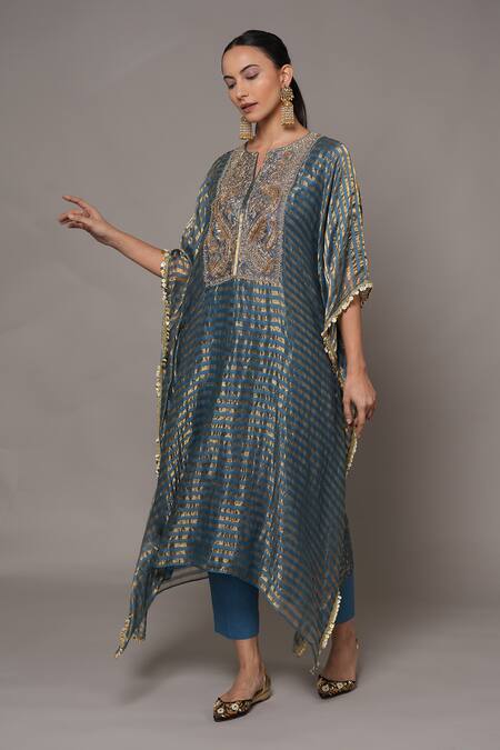 Buy_Joy Mitra_Blue Chanderi, Tissue, Cotton Embroidery V-neck Hand Bayoux Kaftan Set 