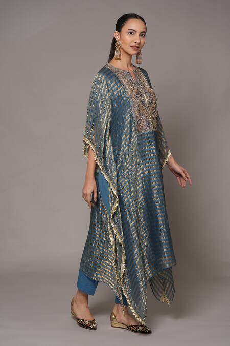 Shop_Joy Mitra_Blue Chanderi, Tissue, Cotton Embroidery V-neck Hand Bayoux Kaftan Set 