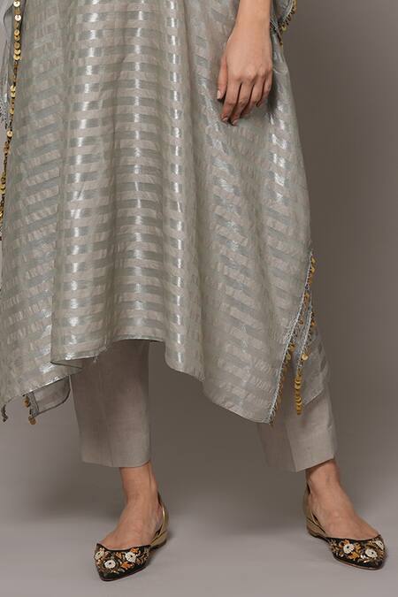 Buy_Joy Mitra_Gray Chanderi, Tissue Beads Round Neck Raw Silk Hand Embroidered Kaftan Set _Online_at_Aza_Fashions