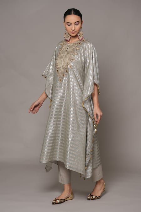 Shop_Joy Mitra_Gray Chanderi, Tissue Beads Round Neck Raw Silk Hand Embroidered Kaftan Set _Online_at_Aza_Fashions